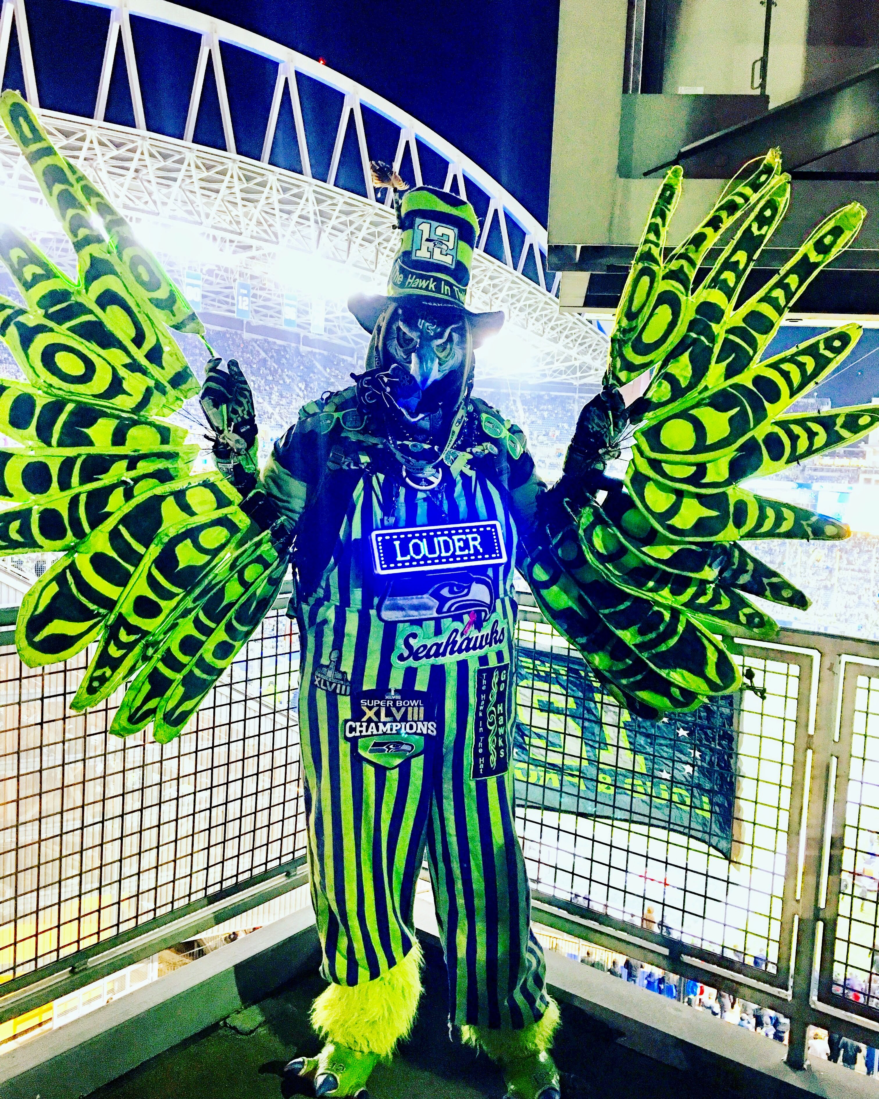 Hawk in the Hat in stadium wings — Super Bowl XLVIII warrior gear