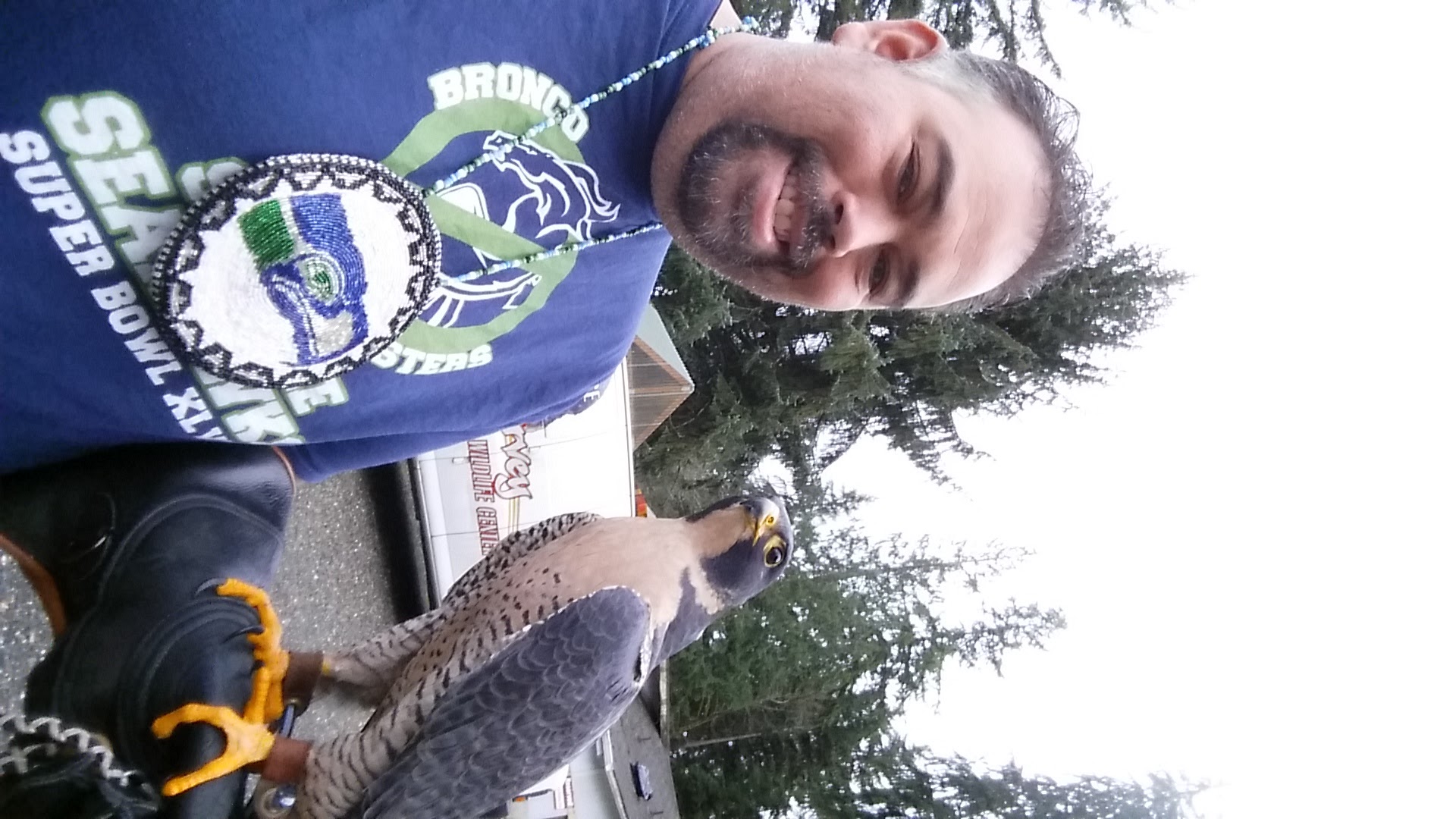 First raptor handling experience with Isra the peregrine falcon, wearing custom beaded medallion