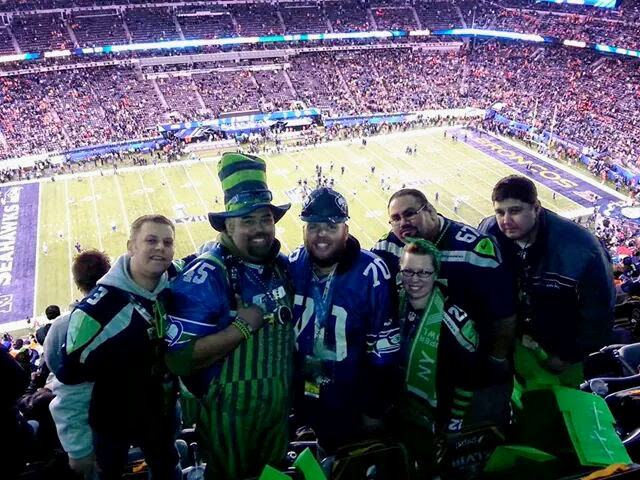Hawk in the Hat and fellow 12s in the Super Bowl stands